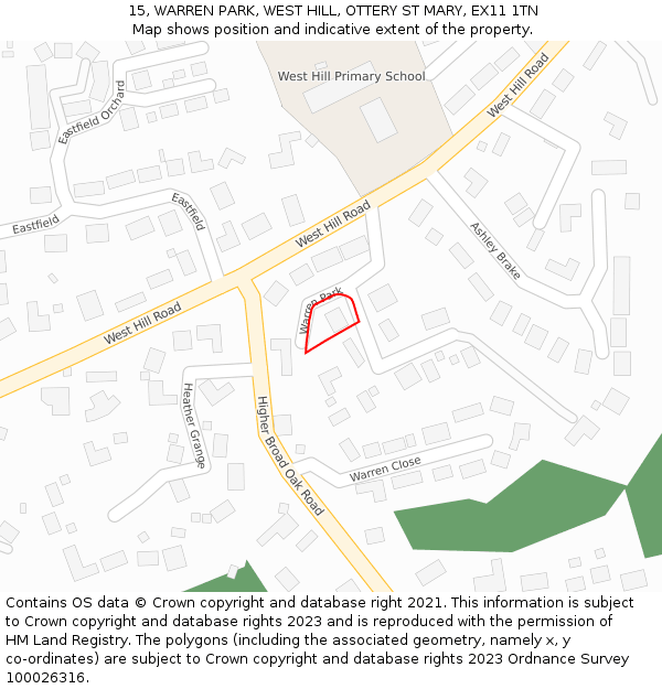 15, WARREN PARK, WEST HILL, OTTERY ST MARY, EX11 1TN: Location map and indicative extent of plot