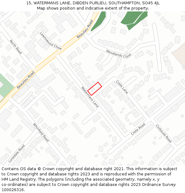 15, WATERMANS LANE, DIBDEN PURLIEU, SOUTHAMPTON, SO45 4JL: Location map and indicative extent of plot