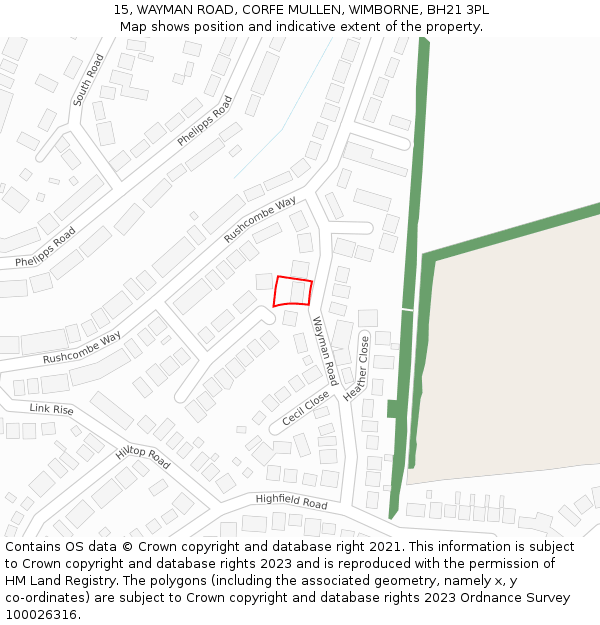 15, WAYMAN ROAD, CORFE MULLEN, WIMBORNE, BH21 3PL: Location map and indicative extent of plot