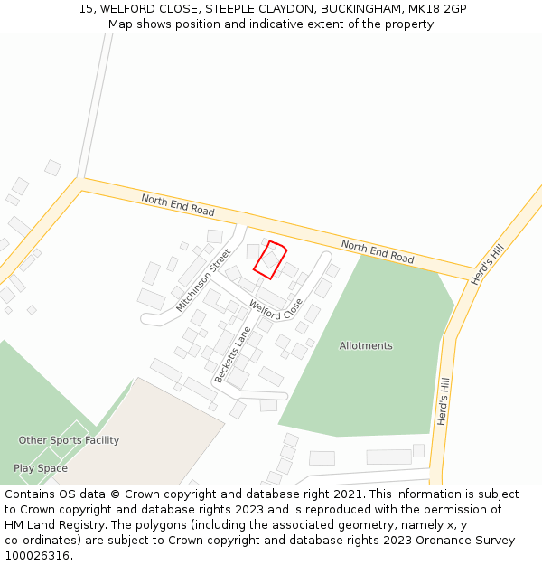 15, WELFORD CLOSE, STEEPLE CLAYDON, BUCKINGHAM, MK18 2GP: Location map and indicative extent of plot