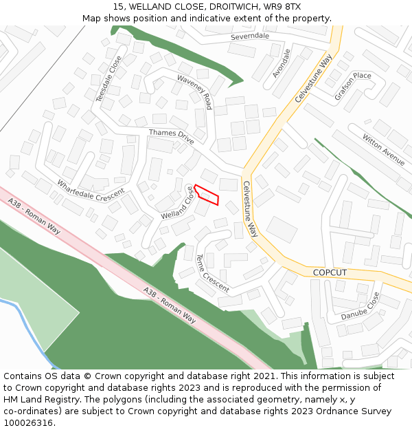 15, WELLAND CLOSE, DROITWICH, WR9 8TX: Location map and indicative extent of plot