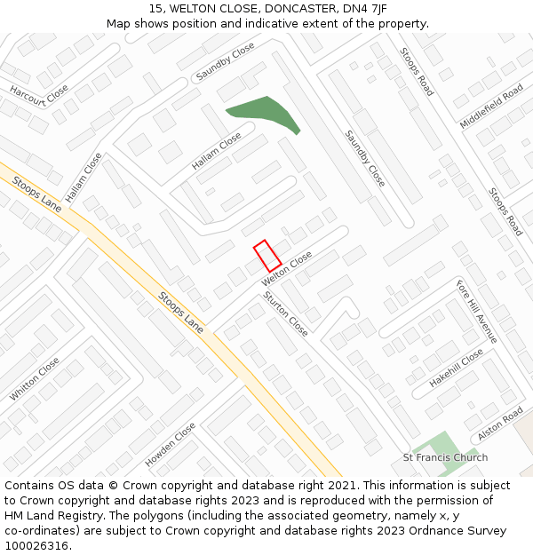 15, WELTON CLOSE, DONCASTER, DN4 7JF: Location map and indicative extent of plot