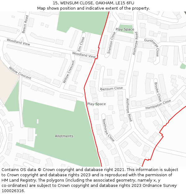 15, WENSUM CLOSE, OAKHAM, LE15 6FU: Location map and indicative extent of plot