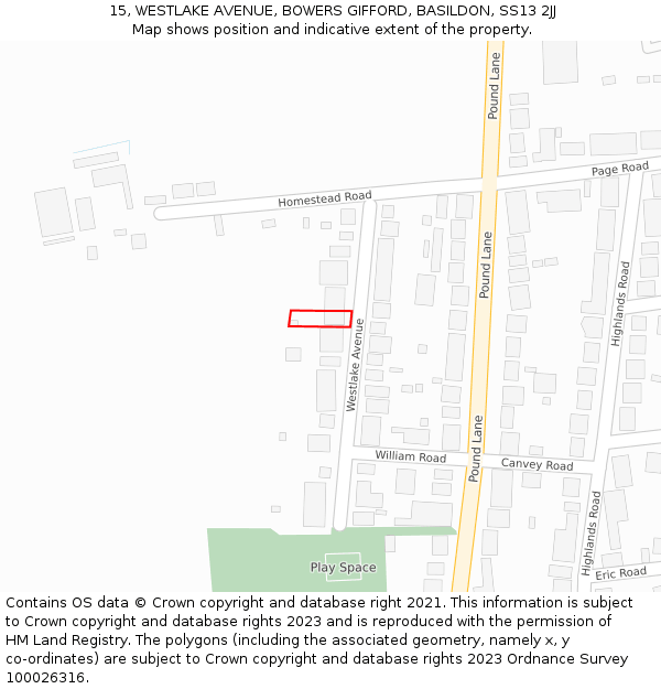 15, WESTLAKE AVENUE, BOWERS GIFFORD, BASILDON, SS13 2JJ: Location map and indicative extent of plot