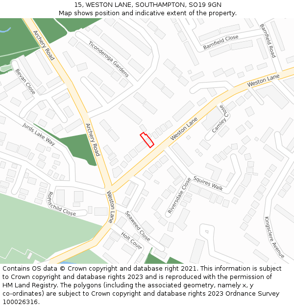 15, WESTON LANE, SOUTHAMPTON, SO19 9GN: Location map and indicative extent of plot