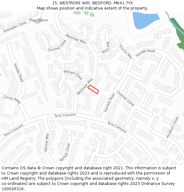 15, WESTROPE WAY, BEDFORD, MK41 7YX: Location map and indicative extent of plot