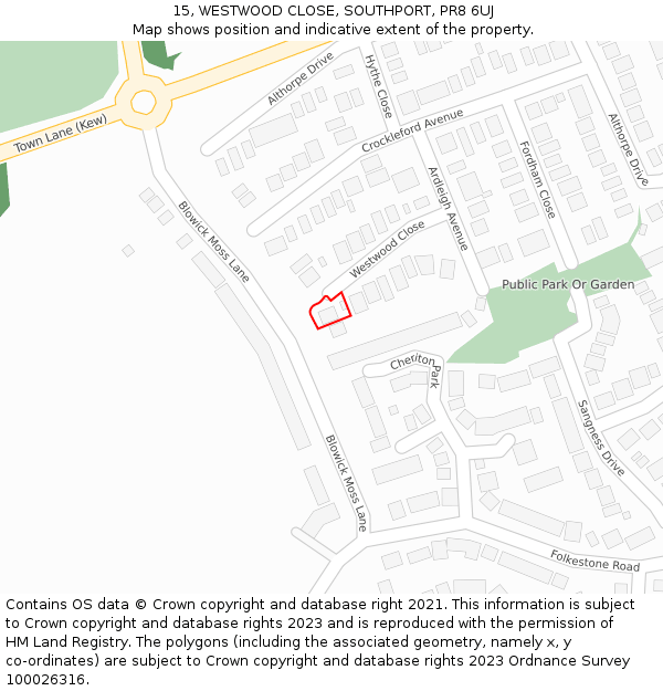 15, WESTWOOD CLOSE, SOUTHPORT, PR8 6UJ: Location map and indicative extent of plot