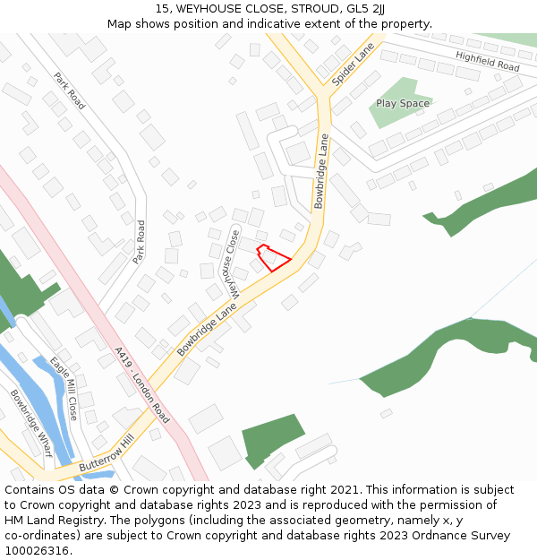 15, WEYHOUSE CLOSE, STROUD, GL5 2JJ: Location map and indicative extent of plot