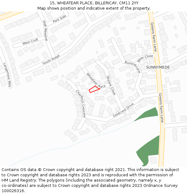 15, WHEATEAR PLACE, BILLERICAY, CM11 2YY: Location map and indicative extent of plot