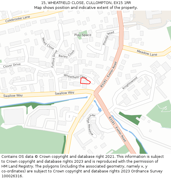 15, WHEATFIELD CLOSE, CULLOMPTON, EX15 1RR: Location map and indicative extent of plot