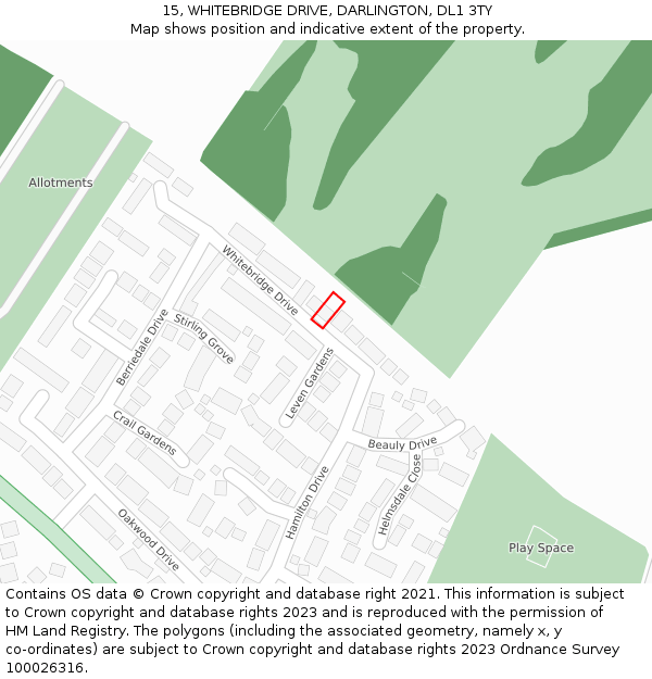 15, WHITEBRIDGE DRIVE, DARLINGTON, DL1 3TY: Location map and indicative extent of plot