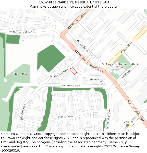 15, WHITES GARDENS, HEBBURN, NE31 1AU: Location map and indicative extent of plot