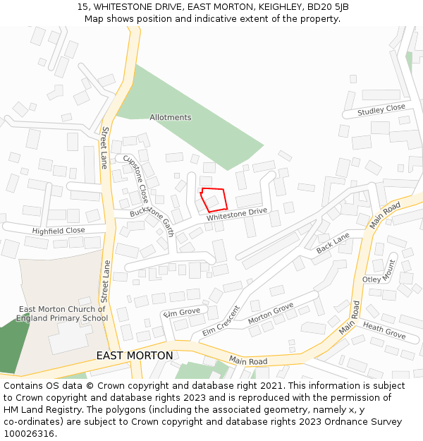 15, WHITESTONE DRIVE, EAST MORTON, KEIGHLEY, BD20 5JB: Location map and indicative extent of plot