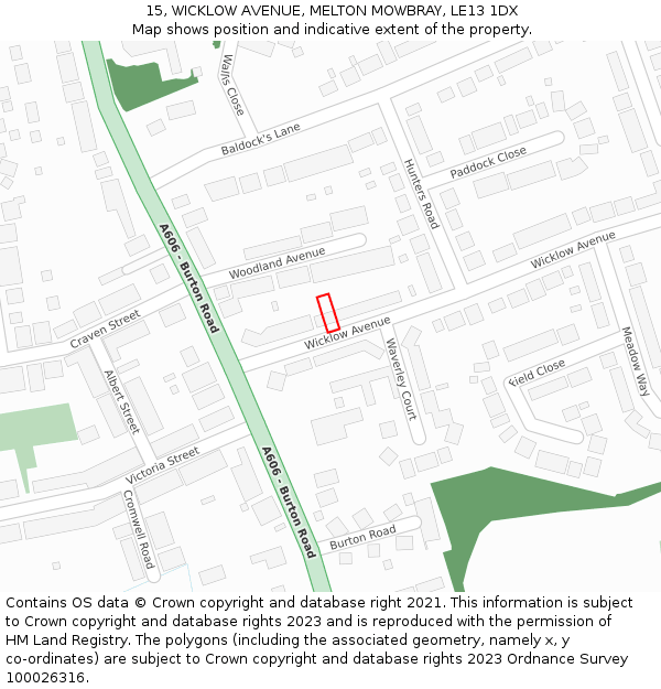 15, WICKLOW AVENUE, MELTON MOWBRAY, LE13 1DX: Location map and indicative extent of plot