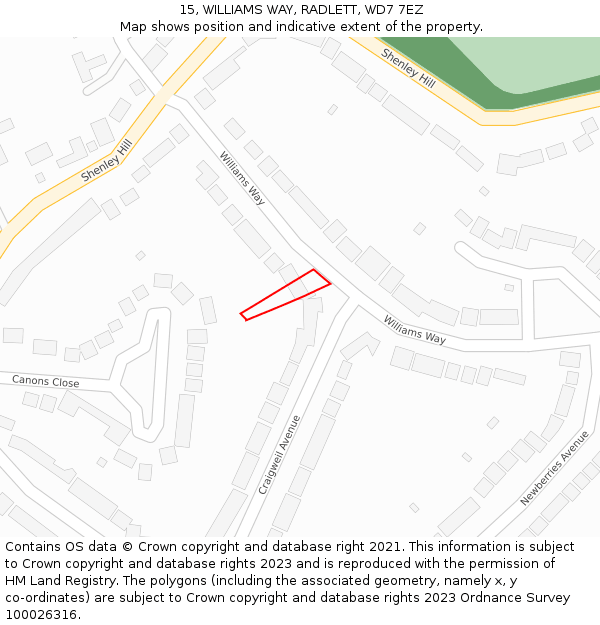 15, WILLIAMS WAY, RADLETT, WD7 7EZ: Location map and indicative extent of plot