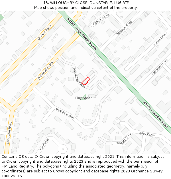 15, WILLOUGHBY CLOSE, DUNSTABLE, LU6 3TF: Location map and indicative extent of plot