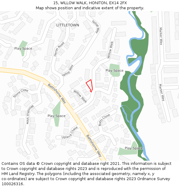 15, WILLOW WALK, HONITON, EX14 2FX: Location map and indicative extent of plot