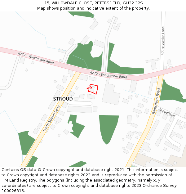 15, WILLOWDALE CLOSE, PETERSFIELD, GU32 3PS: Location map and indicative extent of plot