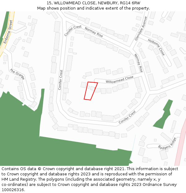 15, WILLOWMEAD CLOSE, NEWBURY, RG14 6RW: Location map and indicative extent of plot