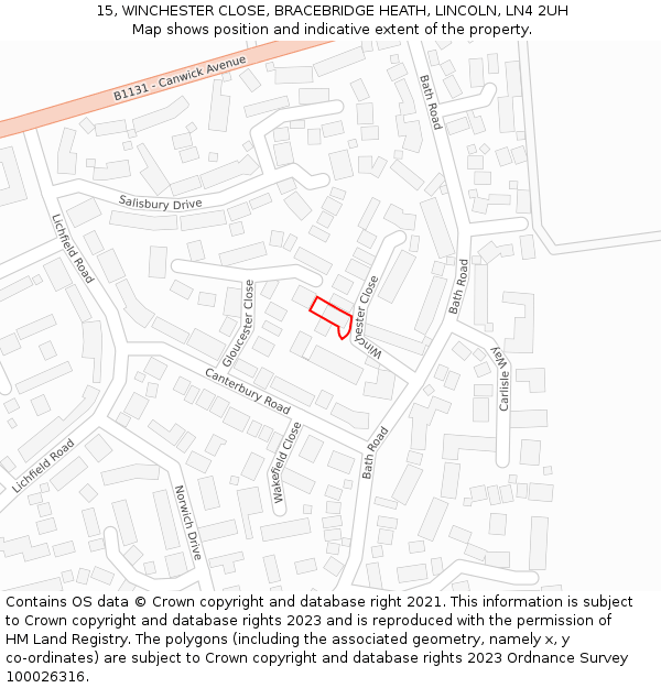 15, WINCHESTER CLOSE, BRACEBRIDGE HEATH, LINCOLN, LN4 2UH: Location map and indicative extent of plot