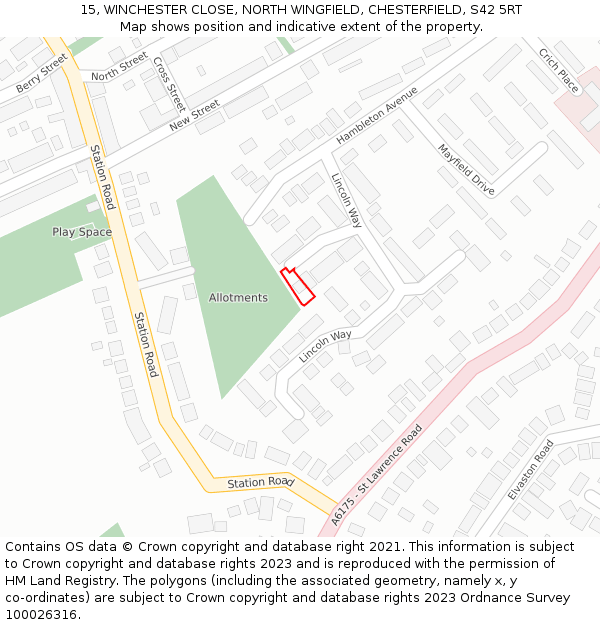 15, WINCHESTER CLOSE, NORTH WINGFIELD, CHESTERFIELD, S42 5RT: Location map and indicative extent of plot