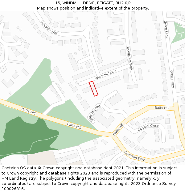 15, WINDMILL DRIVE, REIGATE, RH2 0JP: Location map and indicative extent of plot