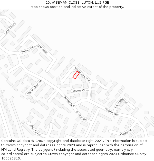 15, WISEMAN CLOSE, LUTON, LU2 7GE: Location map and indicative extent of plot