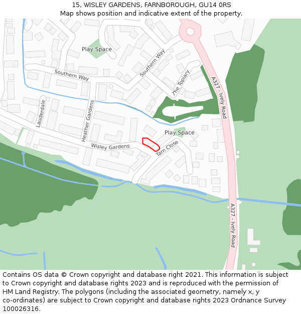 15, WISLEY GARDENS, FARNBOROUGH, GU14 0RS: Location map and indicative extent of plot