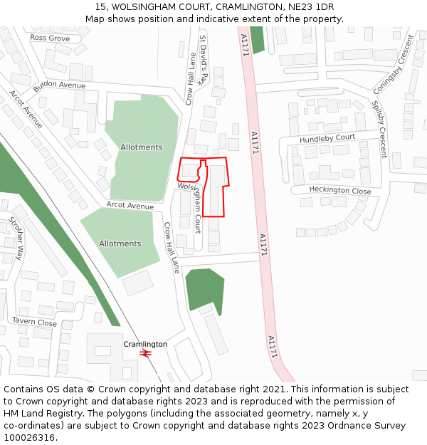 15, WOLSINGHAM COURT, CRAMLINGTON, NE23 1DR: Location map and indicative extent of plot