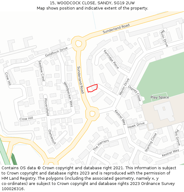 15, WOODCOCK CLOSE, SANDY, SG19 2UW: Location map and indicative extent of plot