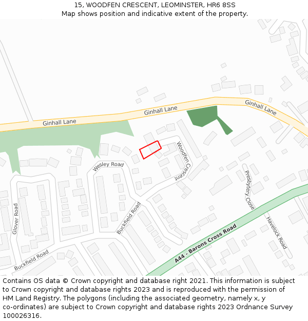 15, WOODFEN CRESCENT, LEOMINSTER, HR6 8SS: Location map and indicative extent of plot