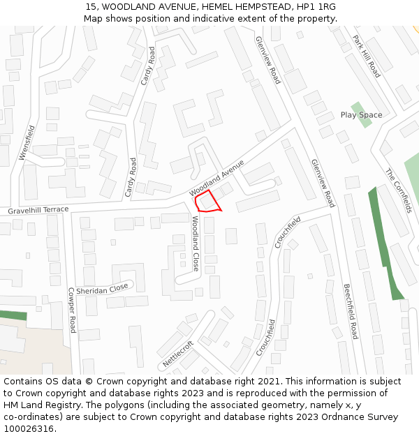 15, WOODLAND AVENUE, HEMEL HEMPSTEAD, HP1 1RG: Location map and indicative extent of plot