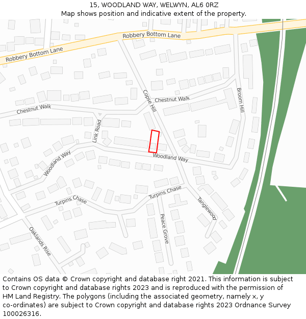 15, WOODLAND WAY, WELWYN, AL6 0RZ: Location map and indicative extent of plot