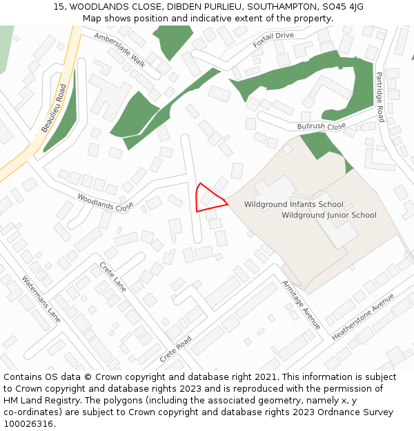 15, WOODLANDS CLOSE, DIBDEN PURLIEU, SOUTHAMPTON, SO45 4JG: Location map and indicative extent of plot