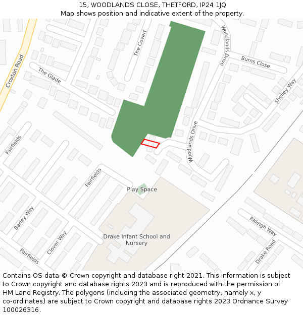 15, WOODLANDS CLOSE, THETFORD, IP24 1JQ: Location map and indicative extent of plot