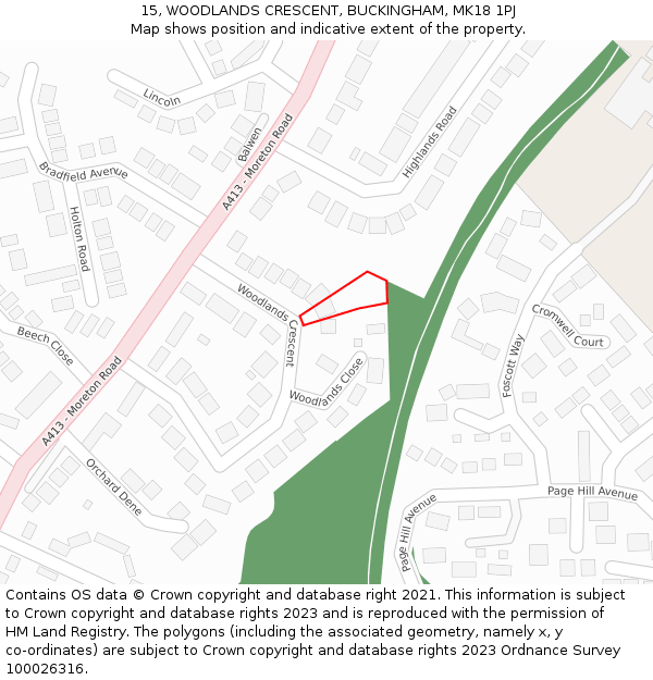 15, WOODLANDS CRESCENT, BUCKINGHAM, MK18 1PJ: Location map and indicative extent of plot