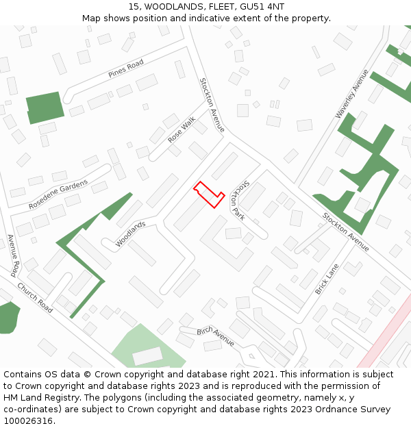15, WOODLANDS, FLEET, GU51 4NT: Location map and indicative extent of plot