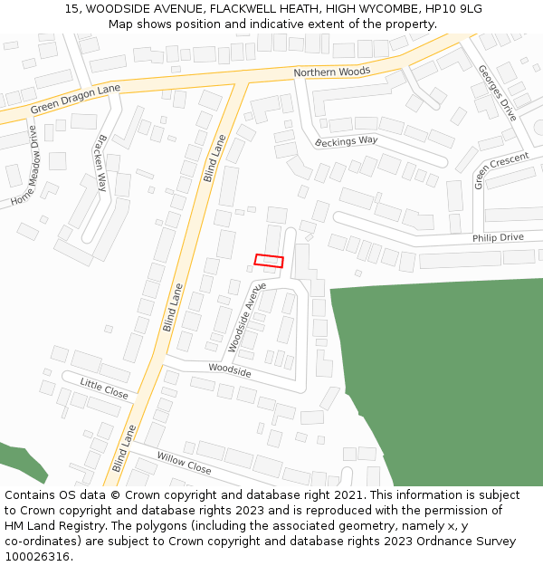 15, WOODSIDE AVENUE, FLACKWELL HEATH, HIGH WYCOMBE, HP10 9LG: Location map and indicative extent of plot