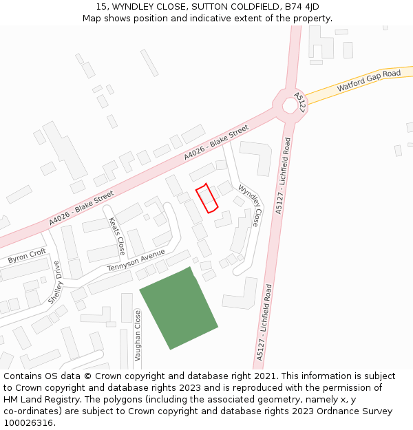 15, WYNDLEY CLOSE, SUTTON COLDFIELD, B74 4JD: Location map and indicative extent of plot