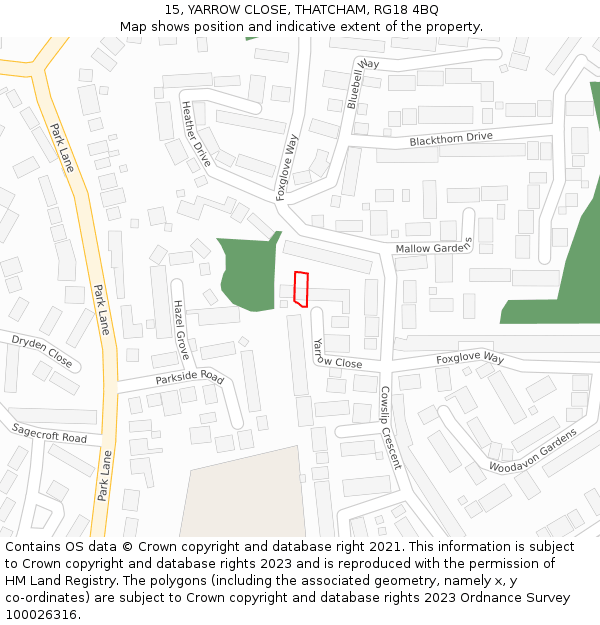 15, YARROW CLOSE, THATCHAM, RG18 4BQ: Location map and indicative extent of plot