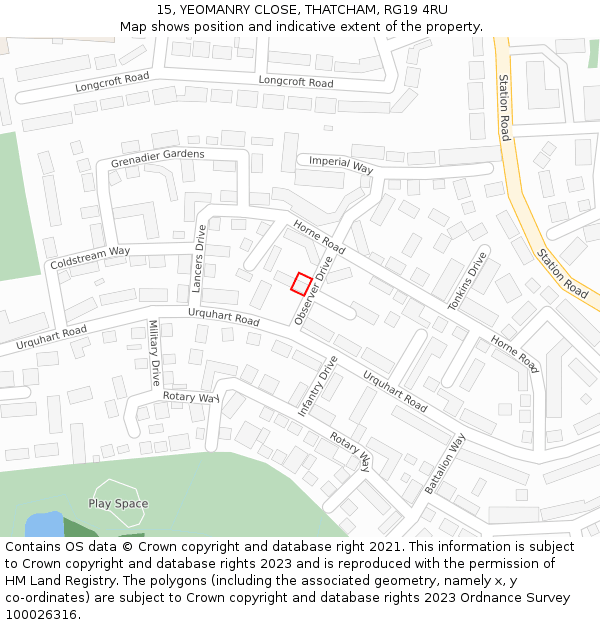 15, YEOMANRY CLOSE, THATCHAM, RG19 4RU: Location map and indicative extent of plot