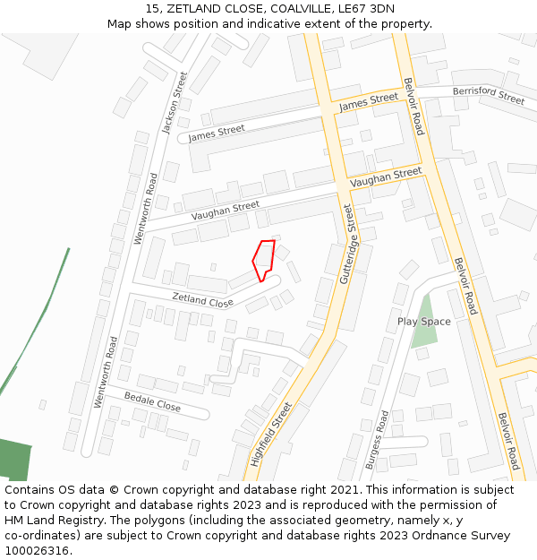 15, ZETLAND CLOSE, COALVILLE, LE67 3DN: Location map and indicative extent of plot