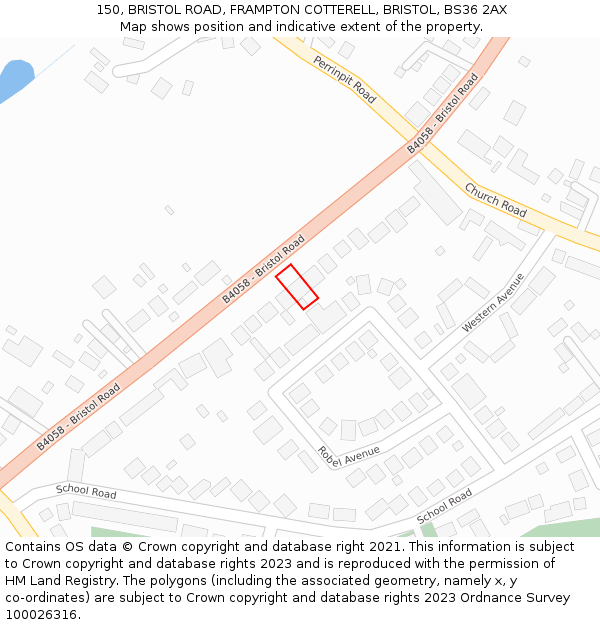 150, BRISTOL ROAD, FRAMPTON COTTERELL, BRISTOL, BS36 2AX: Location map and indicative extent of plot