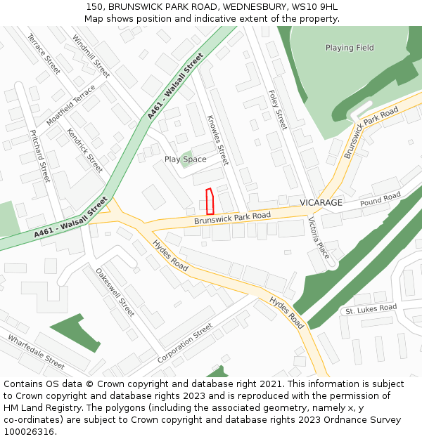 150, BRUNSWICK PARK ROAD, WEDNESBURY, WS10 9HL: Location map and indicative extent of plot