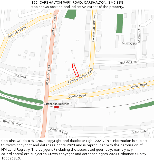 150, CARSHALTON PARK ROAD, CARSHALTON, SM5 3SG: Location map and indicative extent of plot