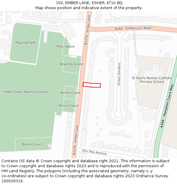 150, EMBER LANE, ESHER, KT10 8EJ: Location map and indicative extent of plot