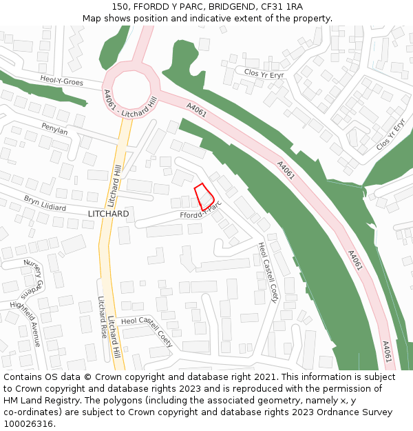 150, FFORDD Y PARC, BRIDGEND, CF31 1RA: Location map and indicative extent of plot