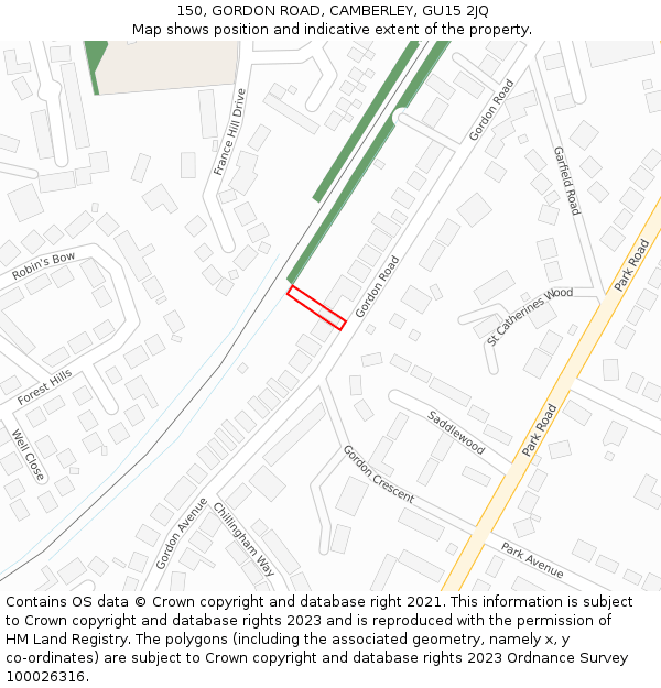 150, GORDON ROAD, CAMBERLEY, GU15 2JQ: Location map and indicative extent of plot