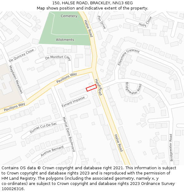 150, HALSE ROAD, BRACKLEY, NN13 6EG: Location map and indicative extent of plot