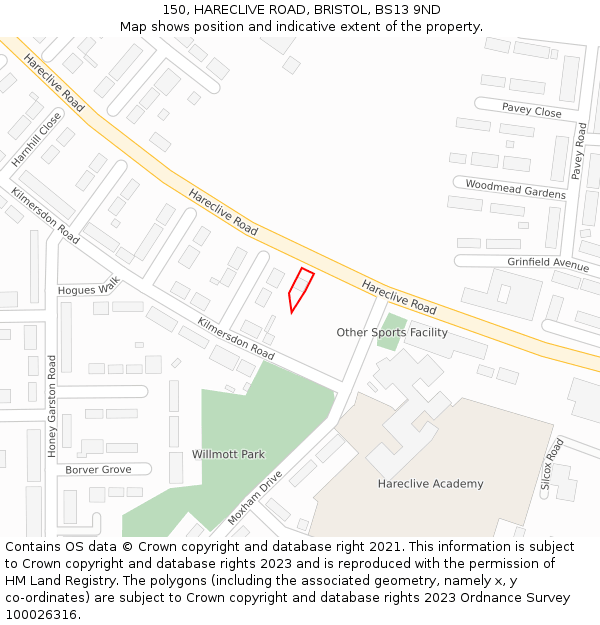 150, HARECLIVE ROAD, BRISTOL, BS13 9ND: Location map and indicative extent of plot